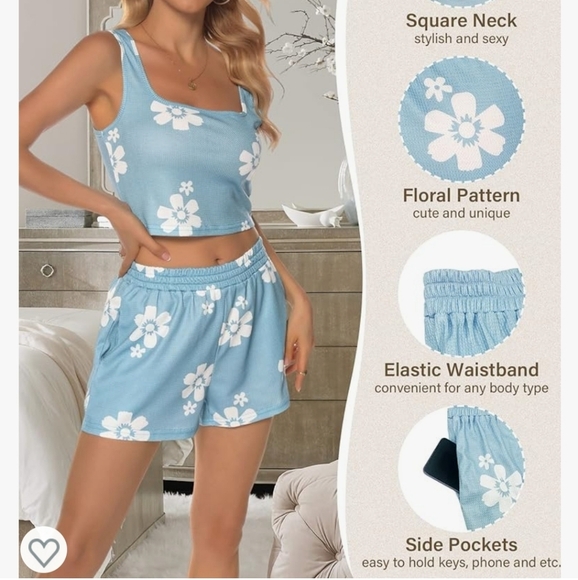 YAWJET Blue Floral  Tank Top & Shorts Pajama Set Comfy Loungewear Size XL - Picture 3 of 9